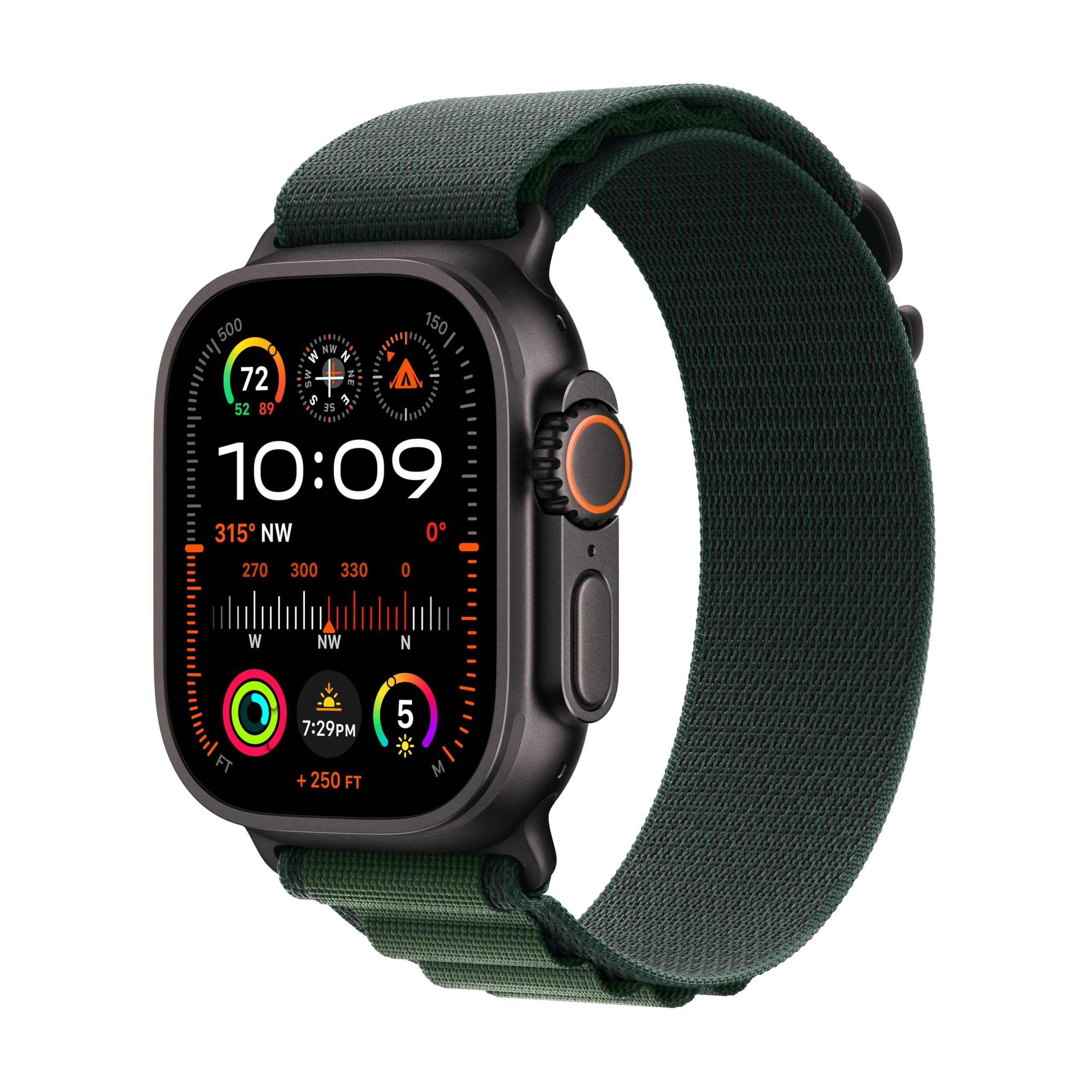 Apple Watch Ultra 2 me trup titani të zi dhe rrip jeshil Alpine Loop