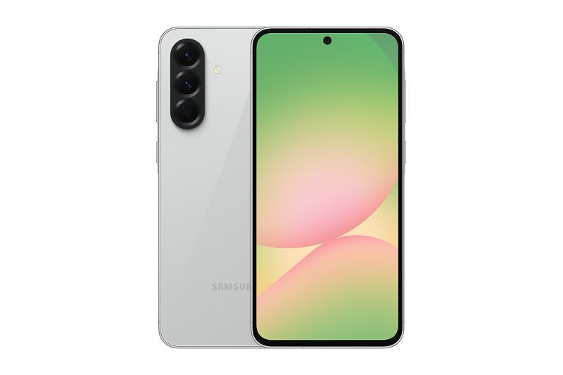 Samsung Galaxy A56 5G në ngjyrën gri e çelët, pamje nga pas dhe nga para