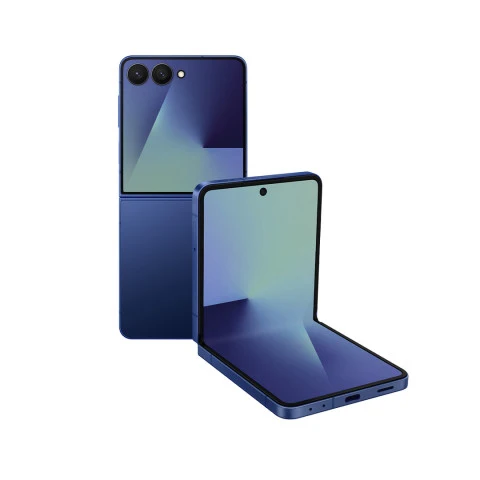 Samsung Galaxy Z Flip7 në ngjyrën blu hije, i mbyllur dhe i hapur
