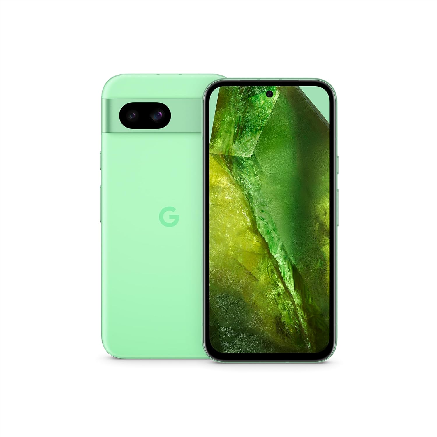 Google Pixel 8a në ngjyrën aloe, pamje nga pas dhe nga para